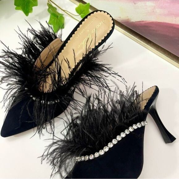 Antonio Melani x Nicola Bathie Liz Ostrich Feathers Rhinestone Suede Dress Mules - Picture 13 of 14
